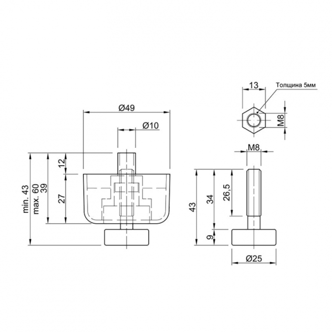Ножка мебельная, регулируемая, D=50, H=27 мм, пластик, чёрная - фото 2
