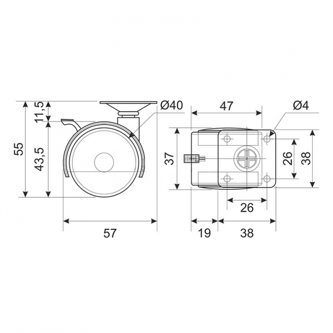 Ролик D=40, с платформой, стопор, чёрный Ролик D=40, с платформой, стопор, чёрный