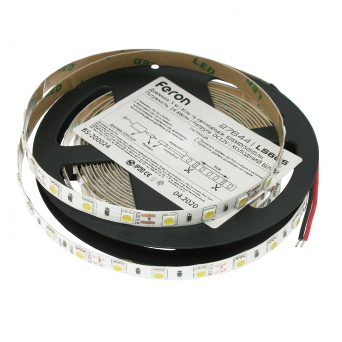 Світлодіодна стрічка LS606, 60SMD(5050)/м, 14.4Вт/м, 12V, холодний білий, Feron