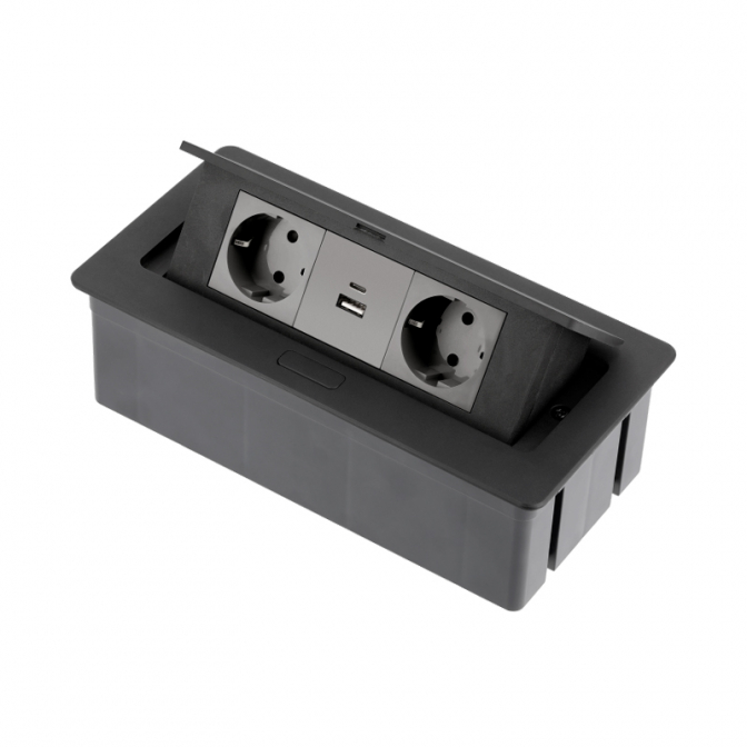 Висувний блок розеток Soft, 2 розетки, 2 USB, чорний, GTV Висувний блок розеток Soft, 2 розетки, 2 USB, чорний, GTV