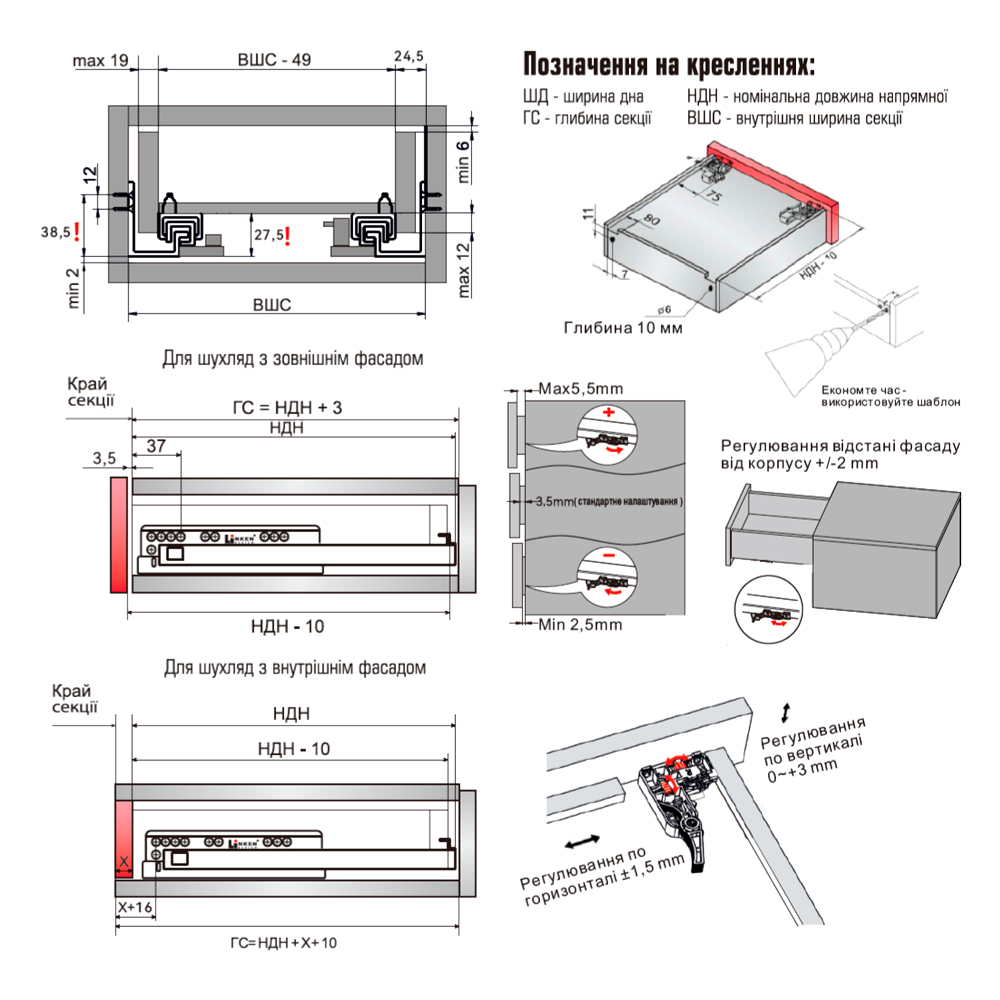 unicoページ Направляючі приховані 250 мм, Touch Latch SYNCHRO-3D, Linken